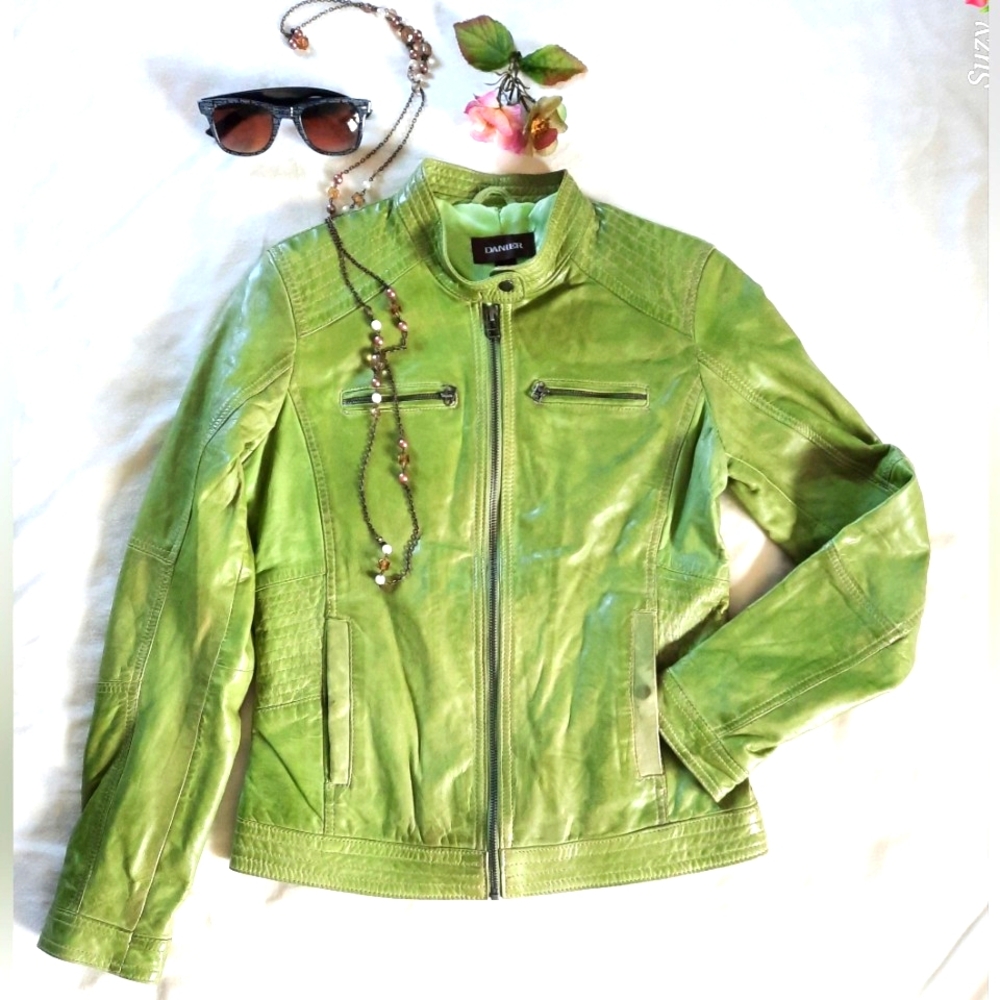 🍁 DANIER Leather Jacket, Lime Green, 4 Pockets, Soft Leather, Fitted